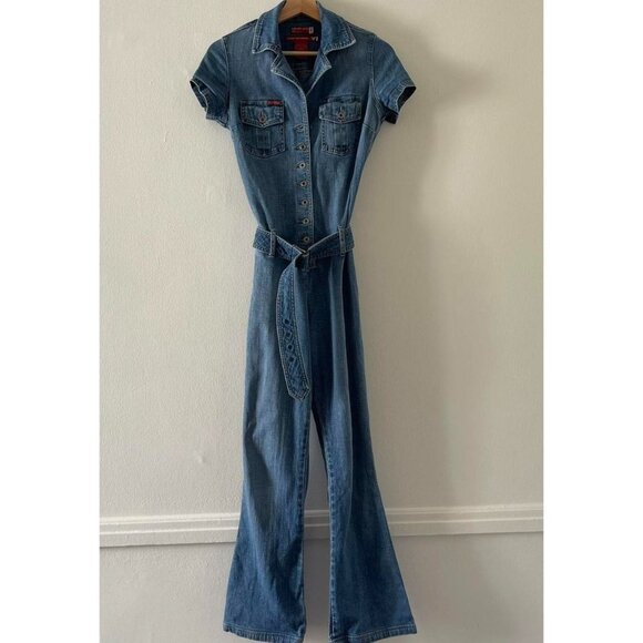 Vintage Y2K GUESS Stretch Denim‎ Wide Leg Belted Button Up Jumpsuit Small pb2 - Picture 1 of 10